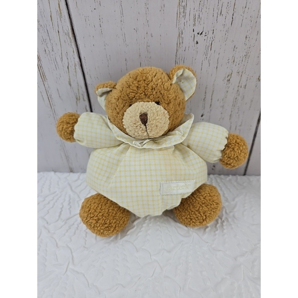 Carters Gingham Plaid Teddy Bear‎ Baby Rattle Plush Round Bear Plush Yellow